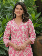 Aramya Straight Soft Cotton Floral Print Women's Kurta Set - Pink | Grocsy