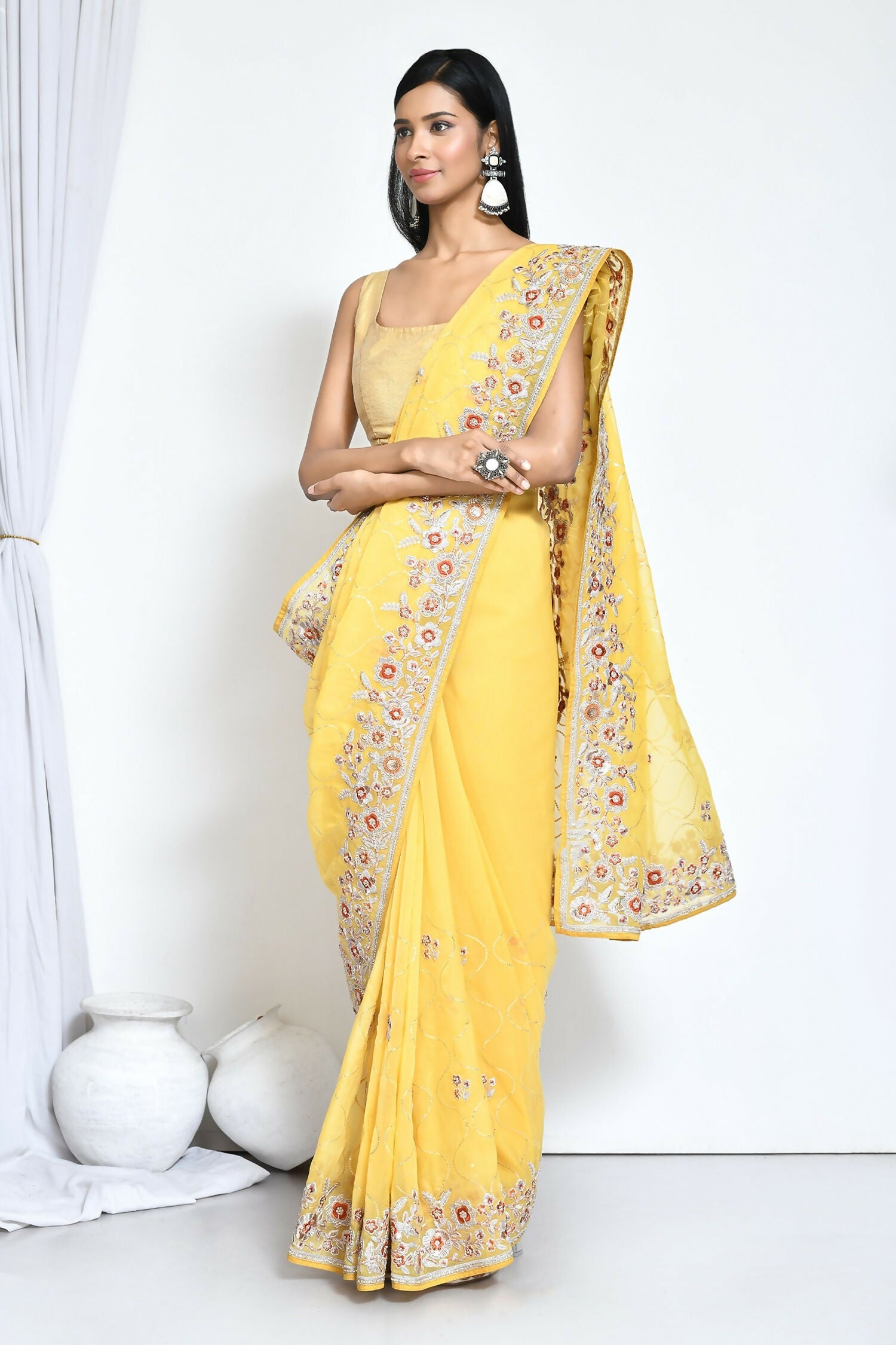 Yellow Organza Satin Silk Sequence Embroidered with Stone work Saree - Nimaya Benzy | Grocsy