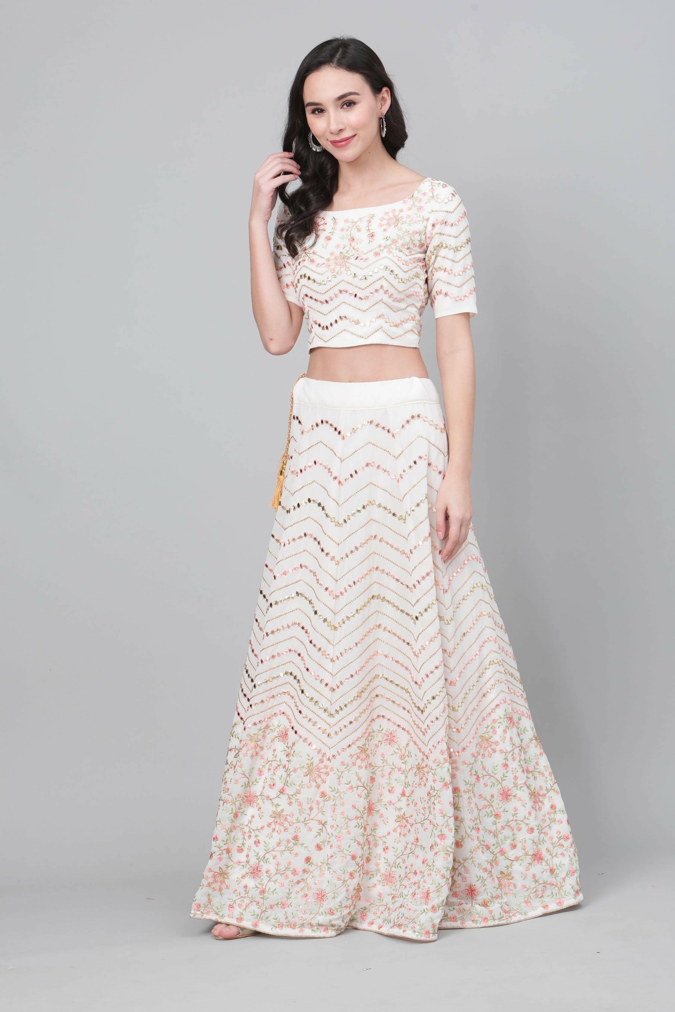 Pearl White Georgette Sequins Embroidery with Mirror work Lehenga Choli with Dupatta - Jivika | Grocsy