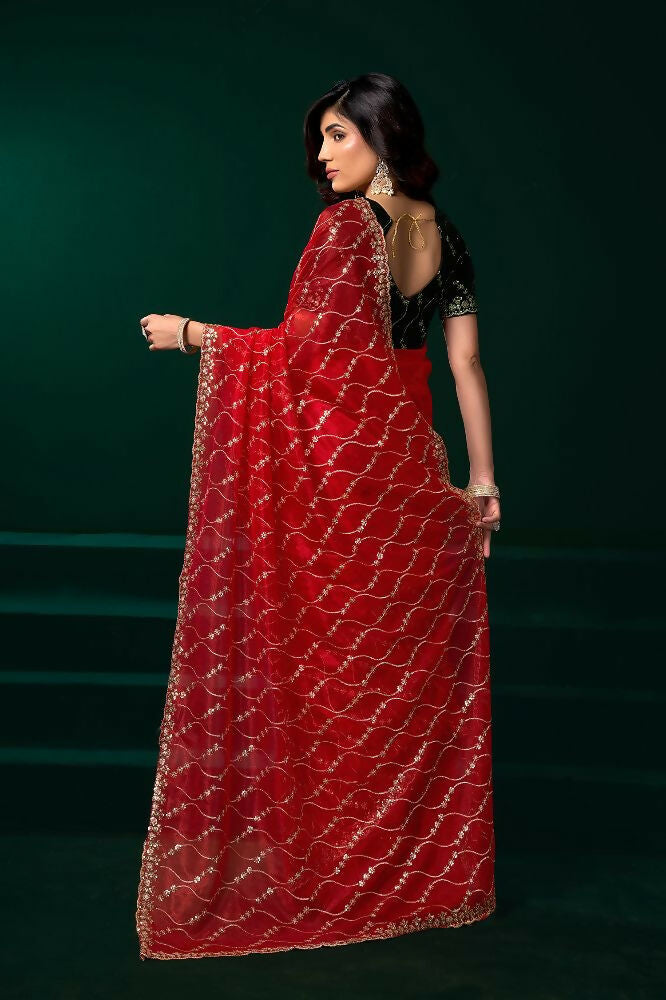 Joban Fashion Red Net Party Wear Sarees | Grocsy
