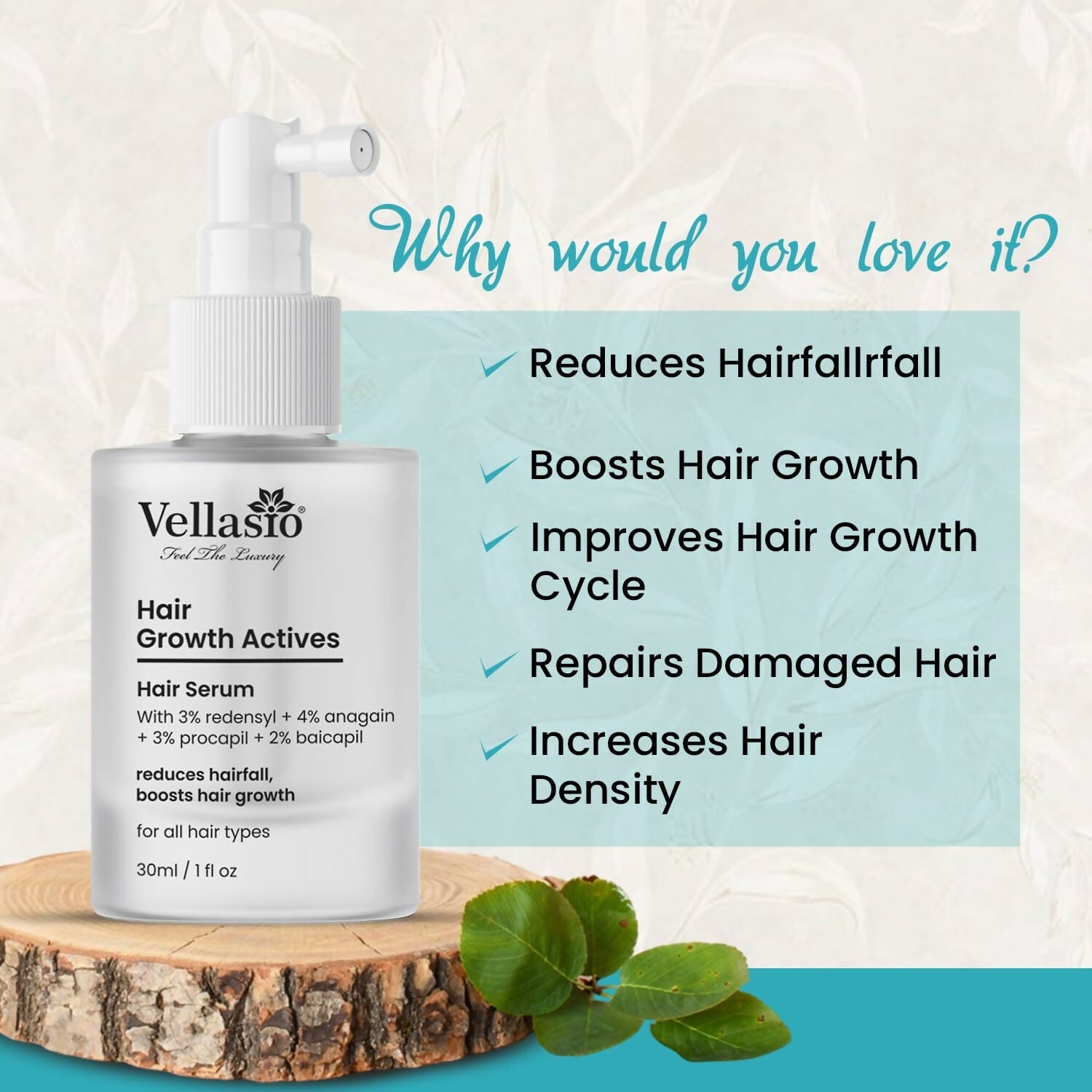 Vellasio Hair Growth Serum Actives - 3% Redensyl, 4% Anagain, 3% Procaoil, 2% Baicapil | Grocsy