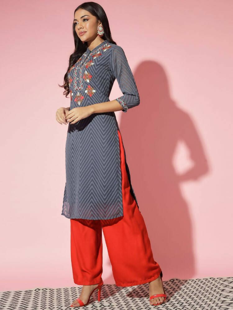Myshka Women Grey Solid Georgette Straight V-Neck Kurtas | Grocsy