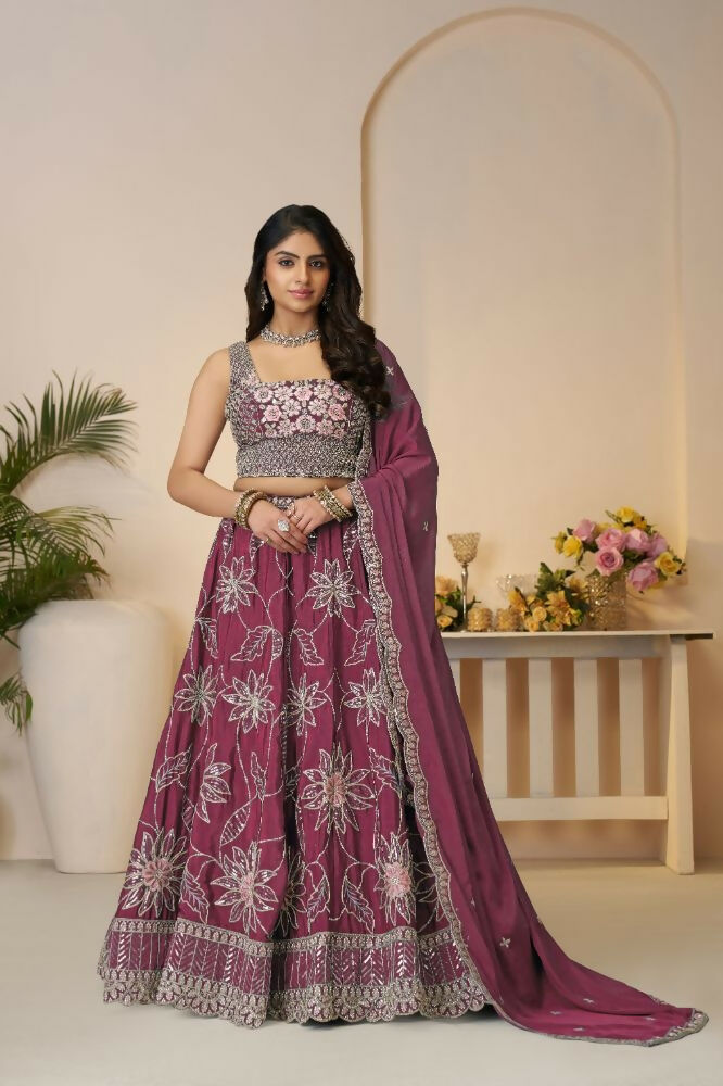 Kesar Fab Dark-Maroon Silk Embroidered Lehenga | Grocsy