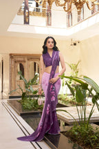 Vastranavya Lavender Weightless Marble Printed & Trim Lace Border Saree with Unstitched Blouse | Grocsy