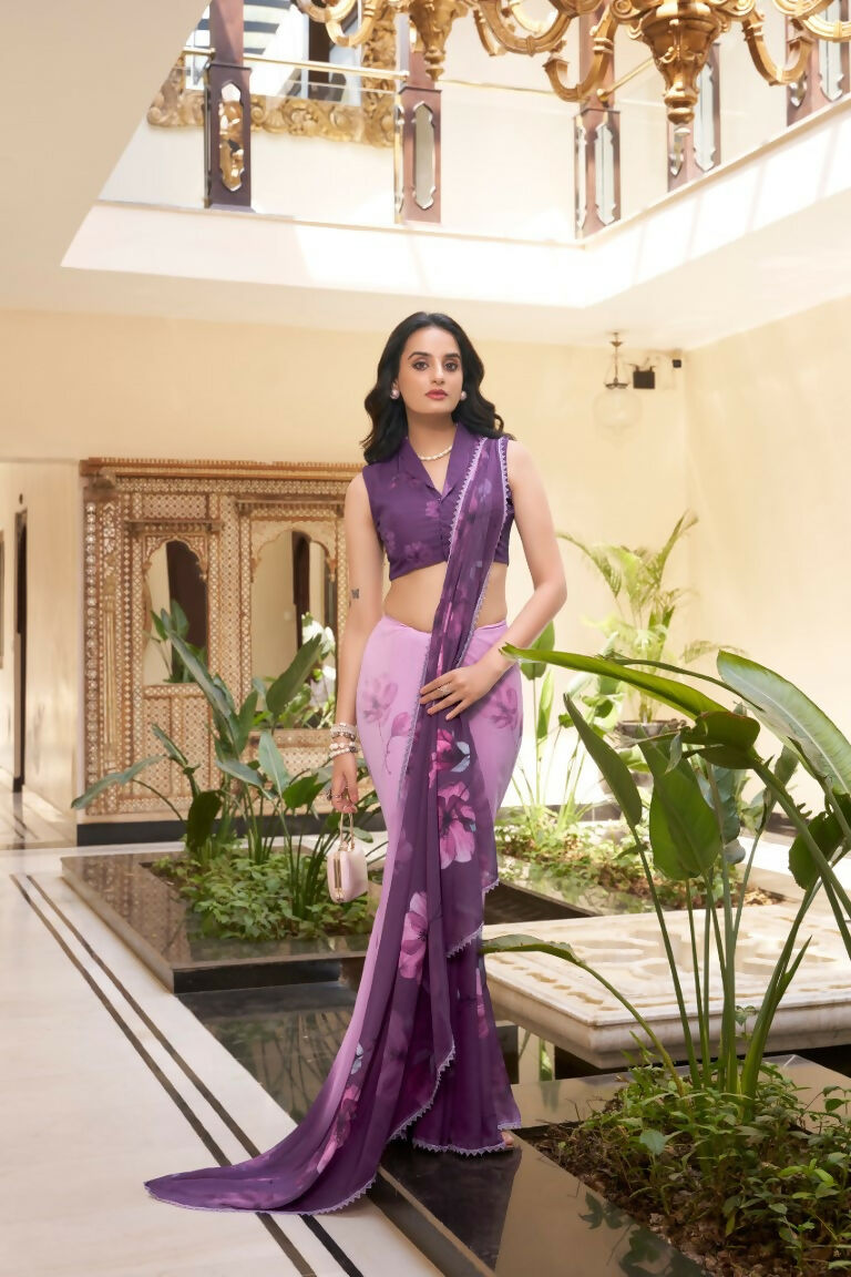 Vastranavya Lavender Weightless Marble Printed & Trim Lace Border Saree with Unstitched Blouse | Grocsy