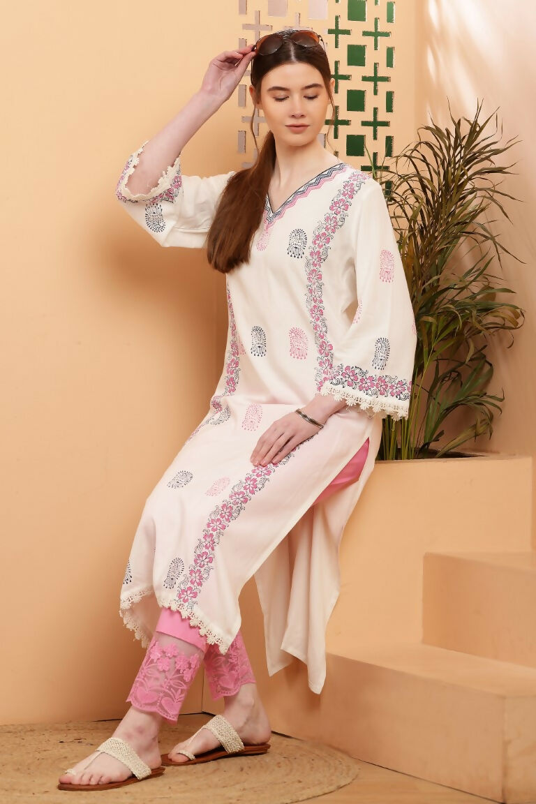 Cheera Women Stylish Hand Block Printed Cotton Blend Flared Kurta - Off White | Grocsy