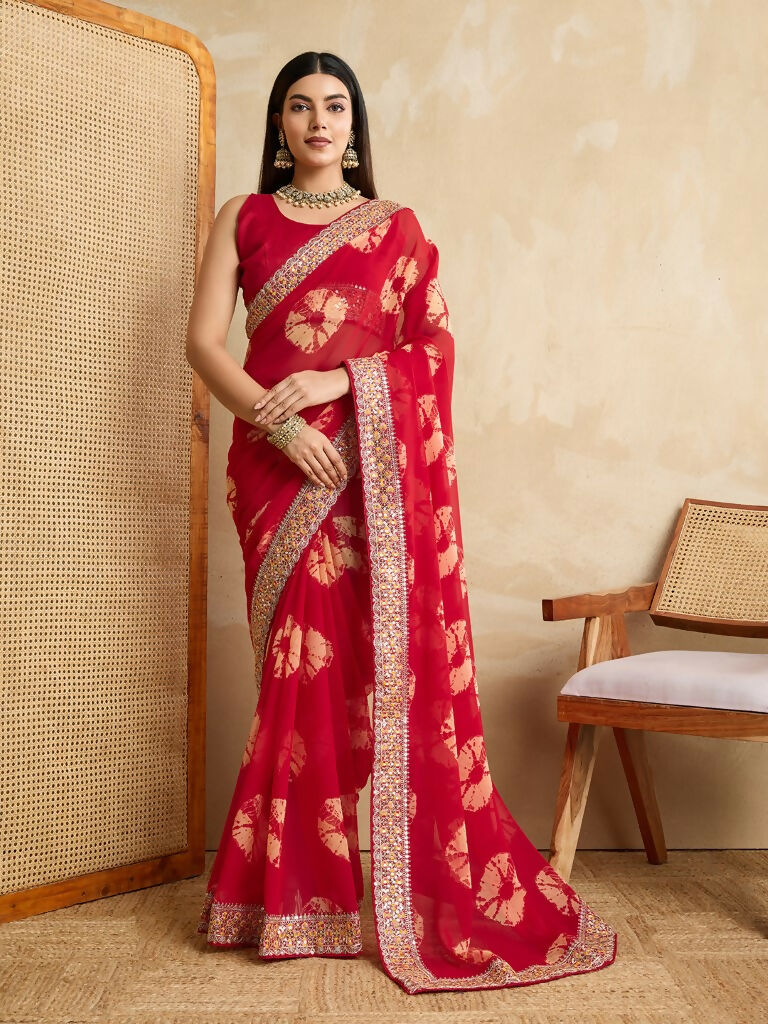 Red Georgette Printed Designer, Embroidery Work Lace Border Saree - Aarvi | Grocsy