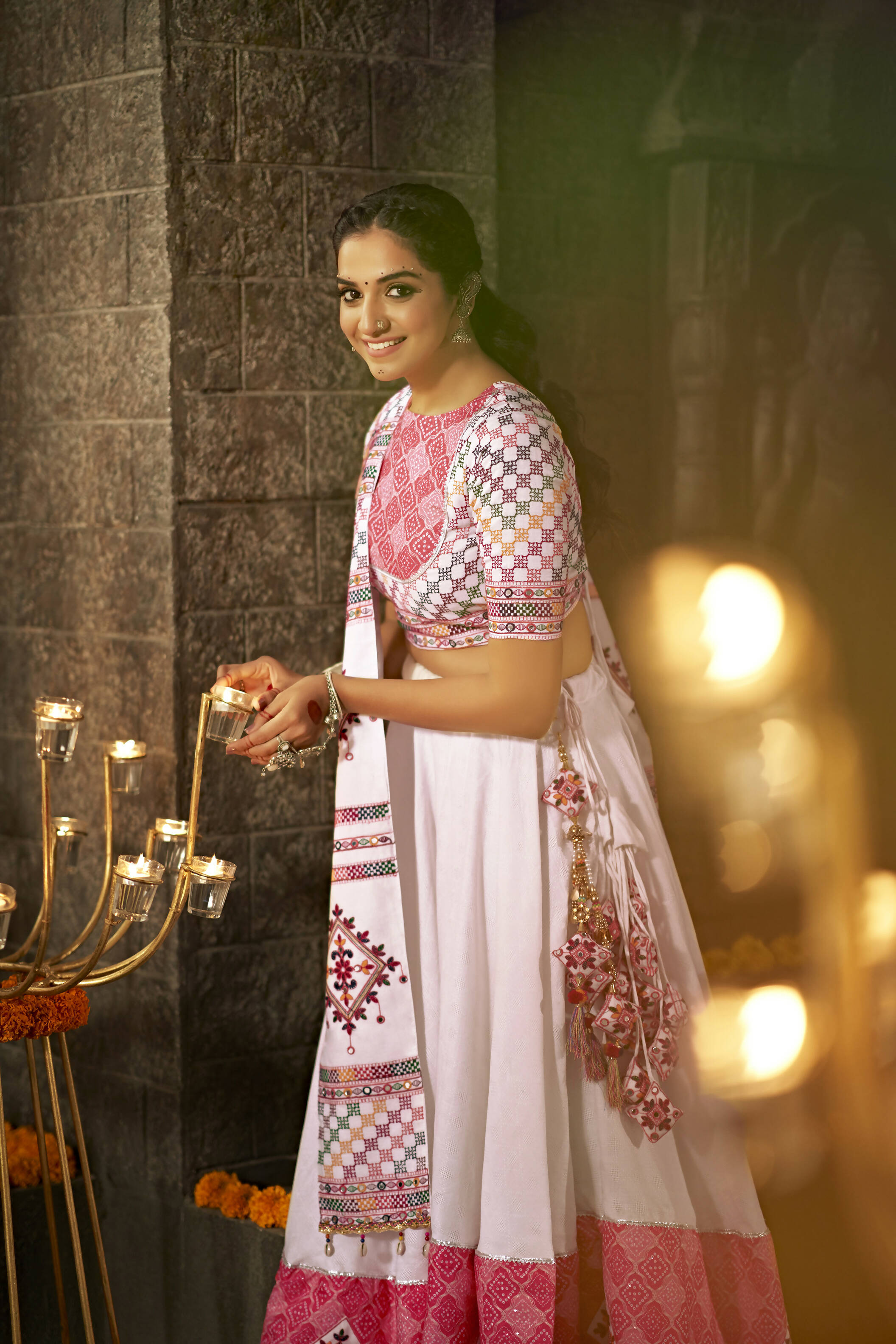 White Jacqard Cotton Thread Embroidered Navratri Lehenga Choli with Dupatta - Raas | Grocsy