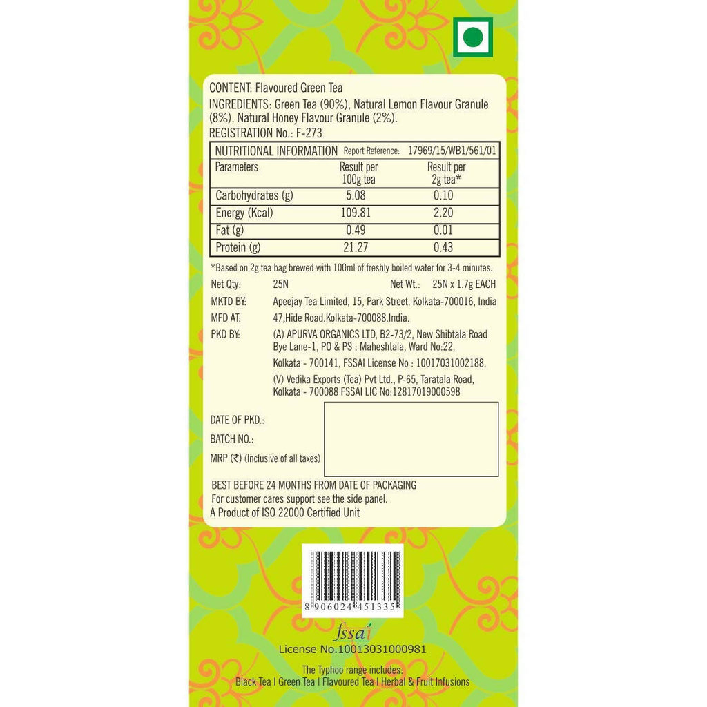 Typhoo Cleansing Lemon & Honey Green Tea Bags | Grocsy