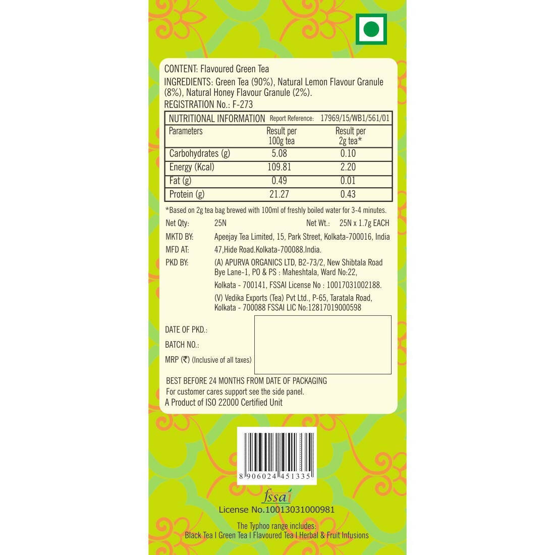 Typhoo Cleansing Lemon & Honey Green Tea Bags | Grocsy