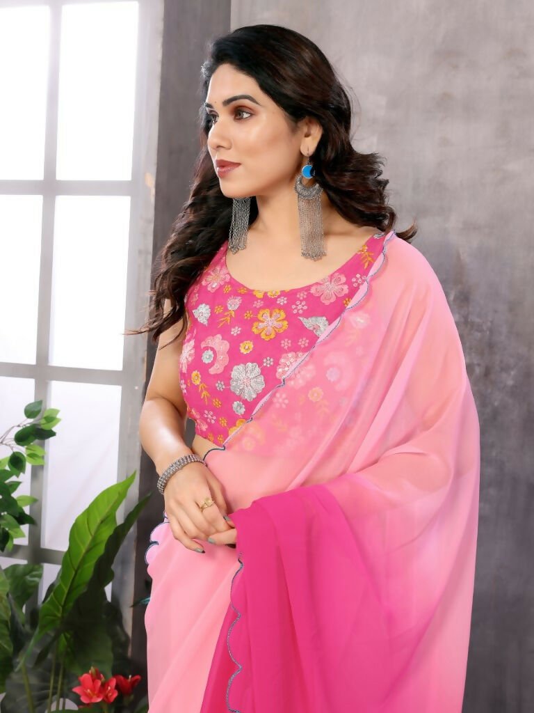 Aafreen Partywear Designer Pink Georgette Fancy Saree | Grocsy