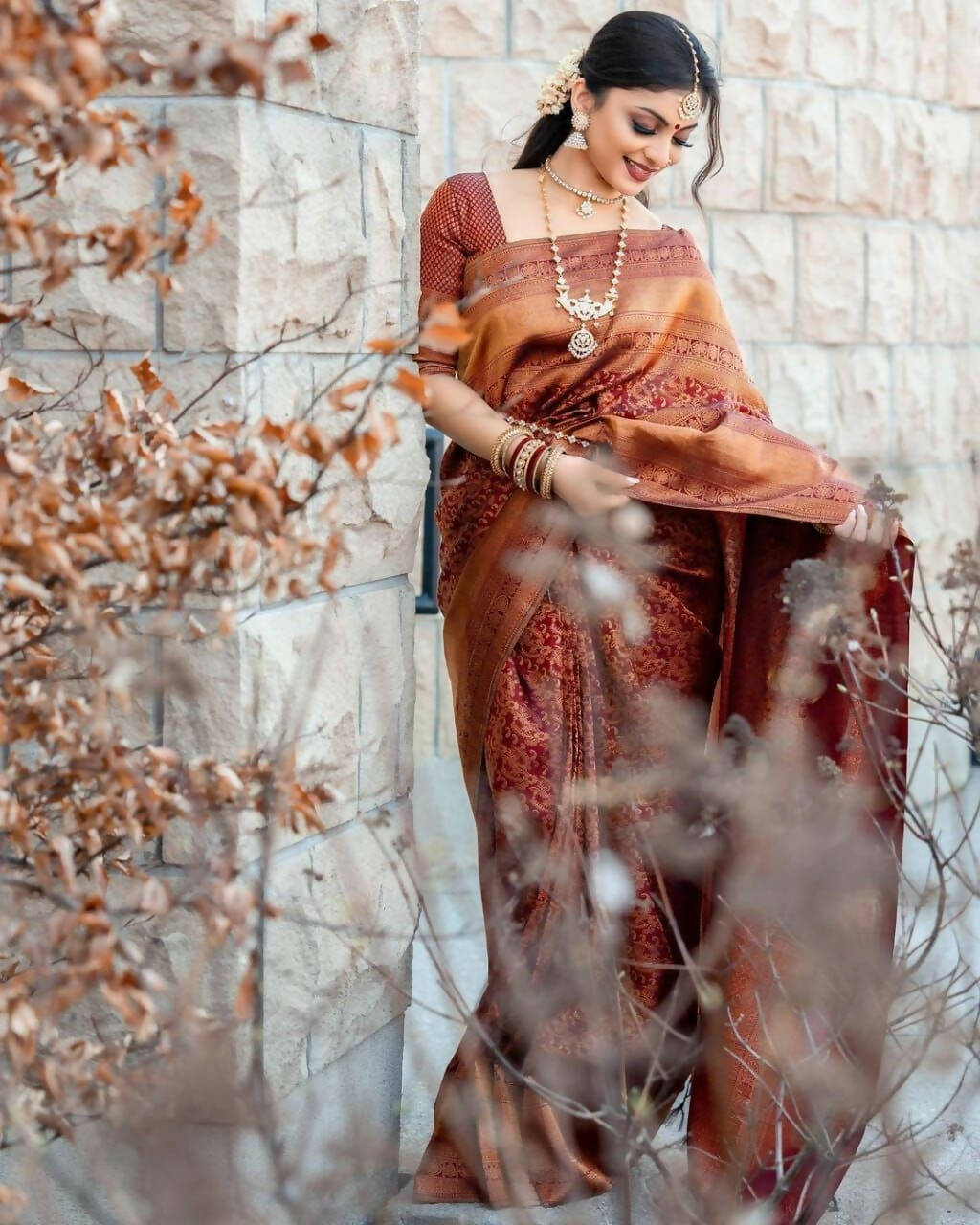 DEIANA'S Beautiful Designer Golden zari Soft Lichi Silk Saree - Maroon | Grocsy