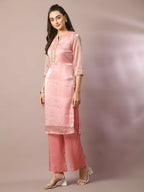 Myshka Women's Pink Solid Straight Party Kurta Set | Grocsy