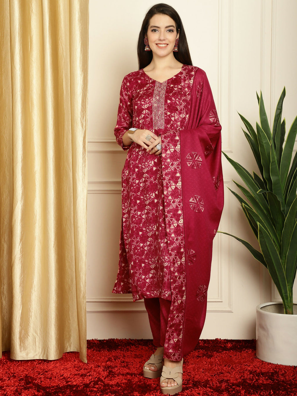 Jyoti Fashion Women's Red Pashmina Floral Digital Printed Kurta with Trouser & Dupatta | Grocsy
