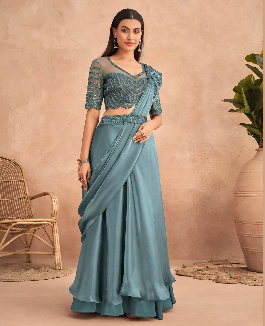 Blue Satin Embroidered Ready To Wear Saree With Unstitched Blouse Piece - Nandika | Grocsy