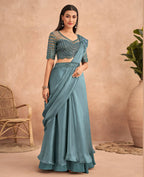 Blue Satin Embroidered Ready To Wear Saree With Unstitched Blouse Piece - Nandika | Grocsy