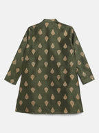Ahalyaa Green Poly Silk Gold Print Kids Kurta Churidar Set For Boys | Grocsy