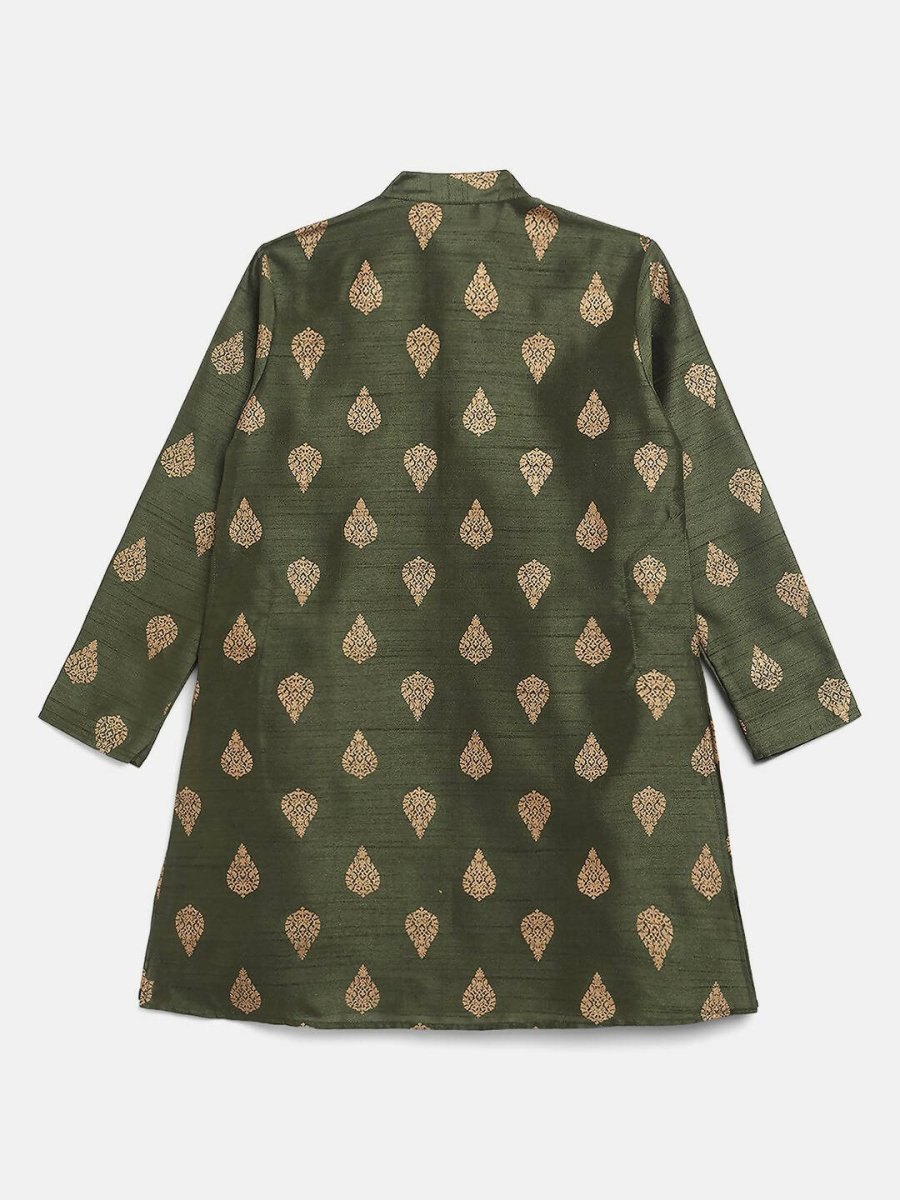 Ahalyaa Green Poly Silk Gold Print Kids Kurta Churidar Set For Boys | Grocsy