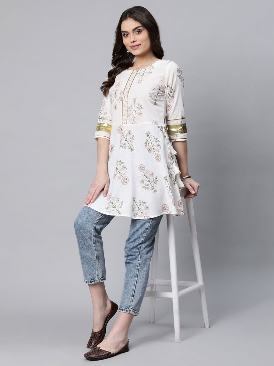 Ahalyaa Women Off White Pure Cotton Floral Printed Tunic | Grocsy