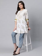 Ahalyaa Women Off White Pure Cotton Floral Printed Tunic | Grocsy