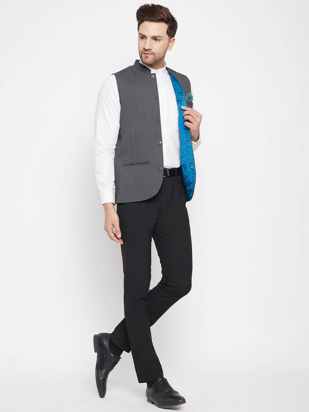 Even Apparels Men's Grey Merino Nehru Jacket-Contrast Lining-Free Pocket Square | Grocsy