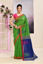 Piyari Fashion Women's Green Temple Border Embellished Cotton Blend Jamdani Saree | Grocsy
