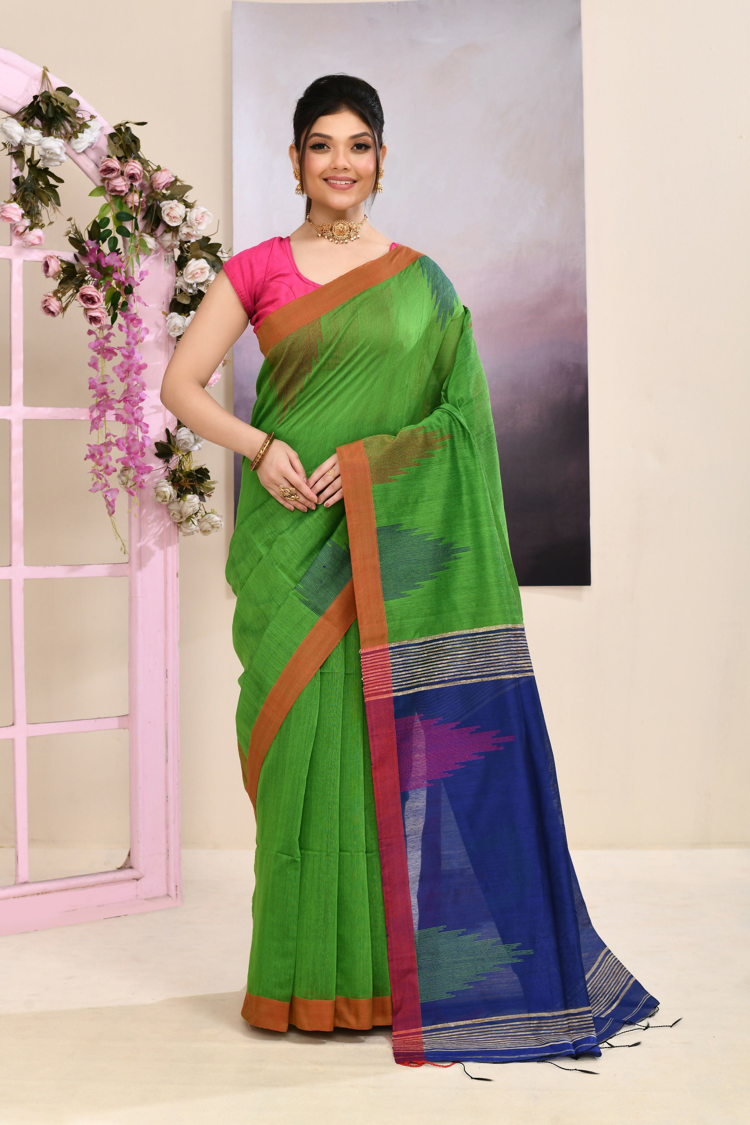 Piyari Fashion Women's Green Temple Border Embellished Cotton Blend Jamdani Saree | Grocsy