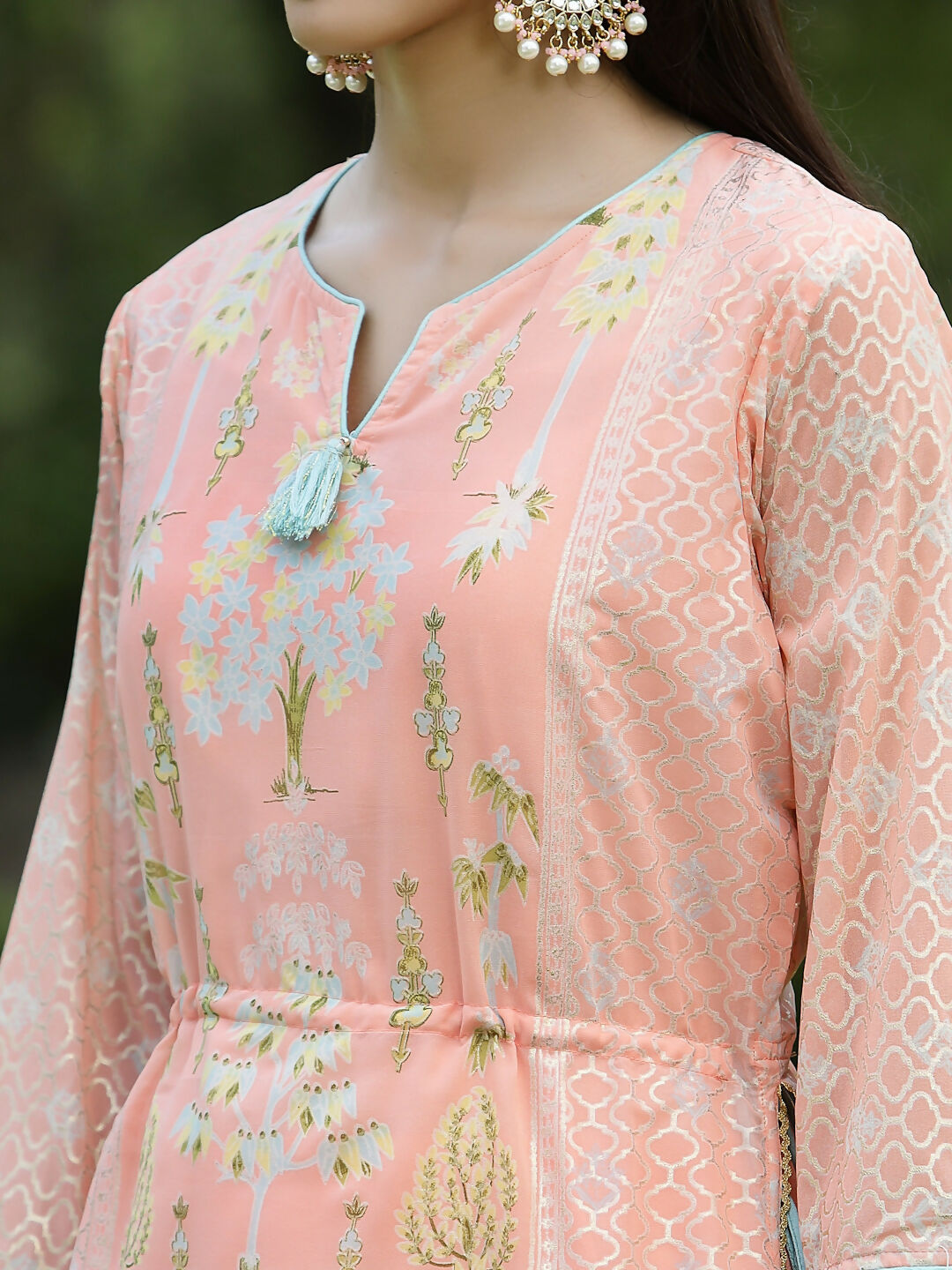Juniper Orange Ethnic Motif Printed Georgette Kurta Pants & Dupatta Set With Tassels & Lace | Grocsy