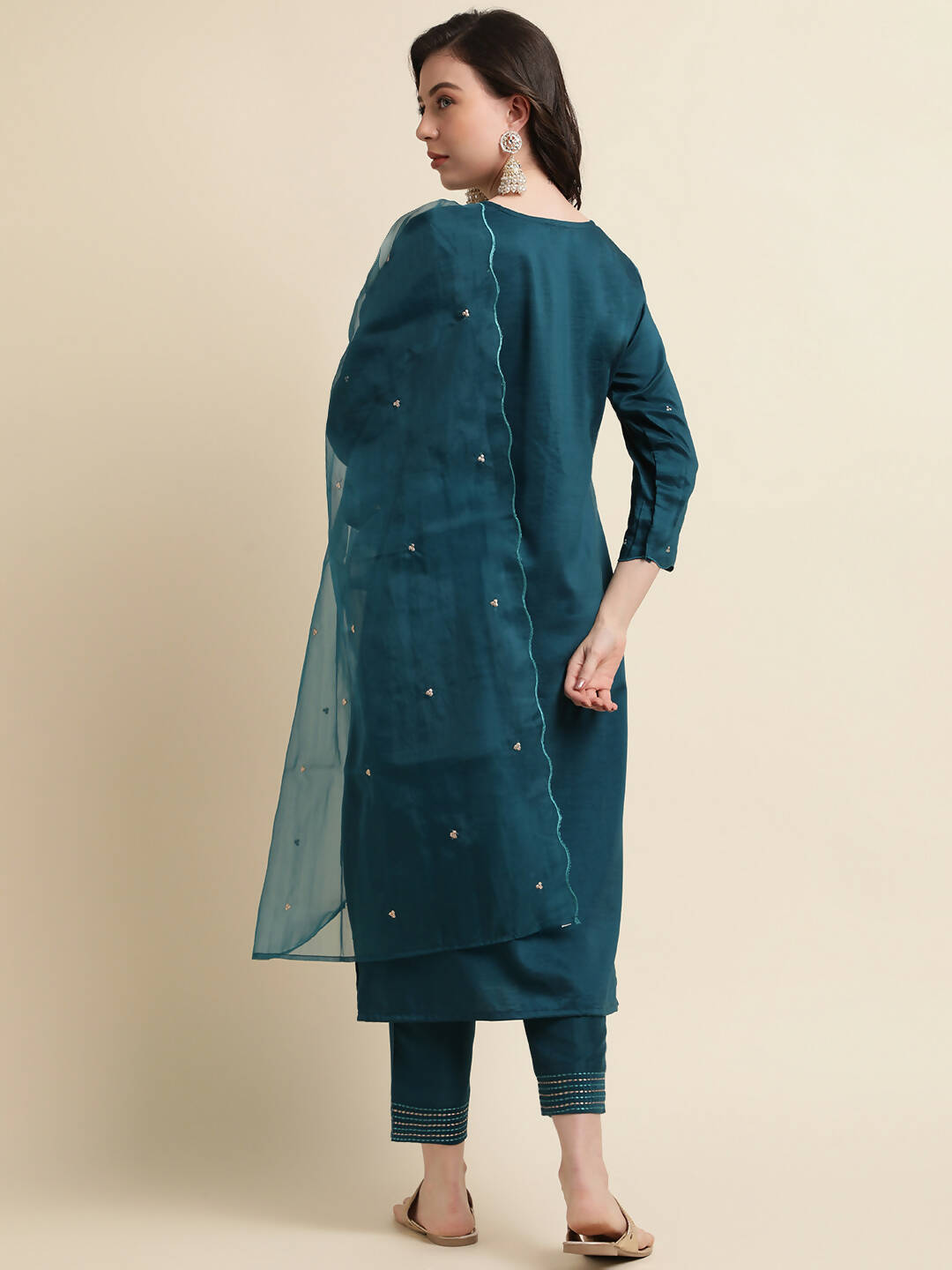 Teal Chinon Silk Embroidered Straight Kurta with Trouser & Dupatta - Salimar | Grocsy
