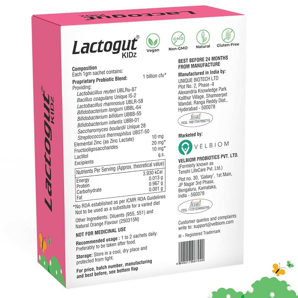 Velbiom Lactogut Kidz Probiotics Powder Sachets - Orange Flavor | Grocsy