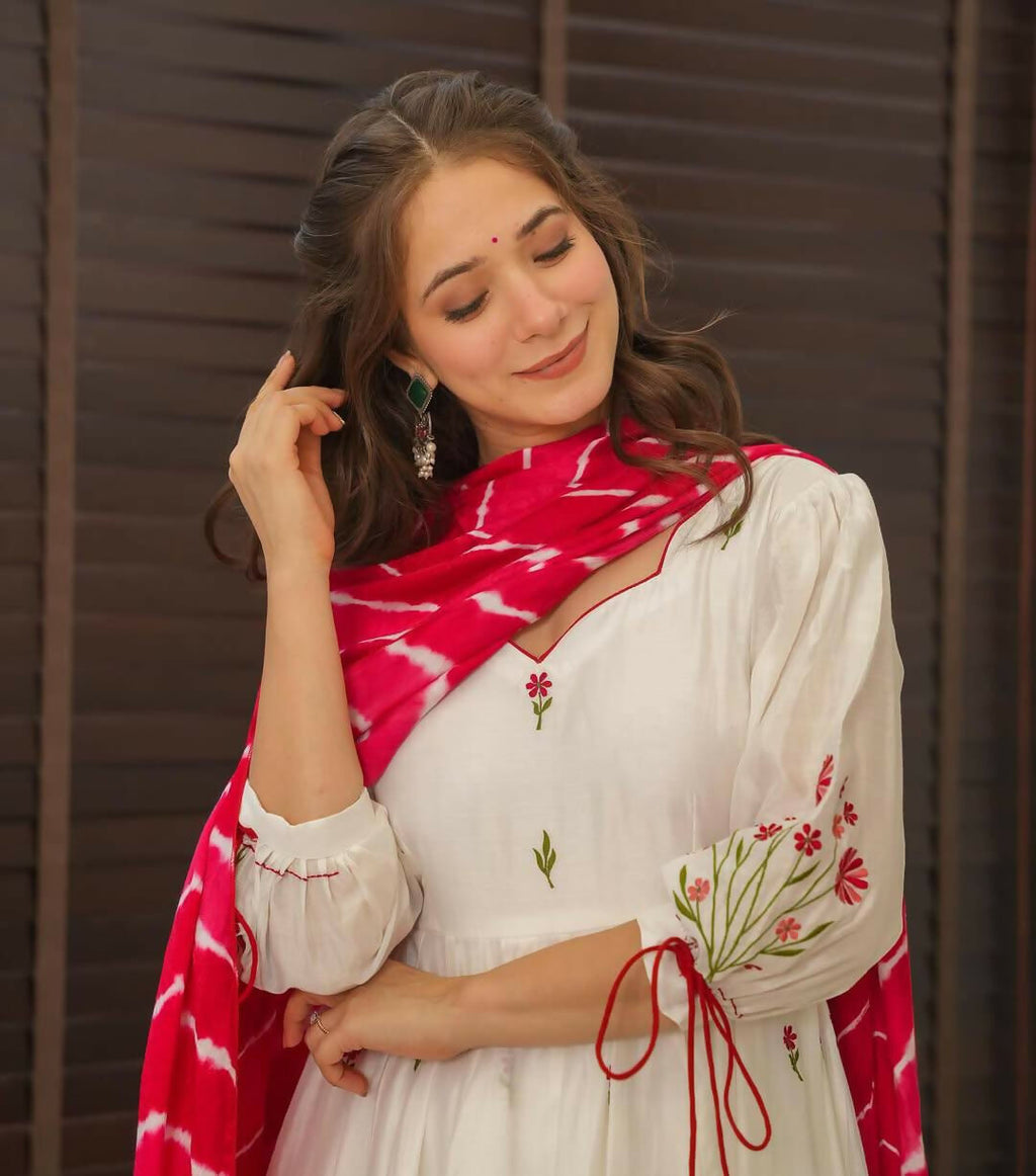 The52 Off White Women's Beautiful Chanderi Fabric Thread work Flared Anarkali with Pant And Dupatta Set | Grocsy