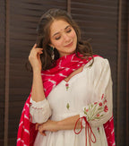 The52 Off White Women's Beautiful Chanderi Fabric Thread work Flared Anarkali with Pant And Dupatta Set | Grocsy