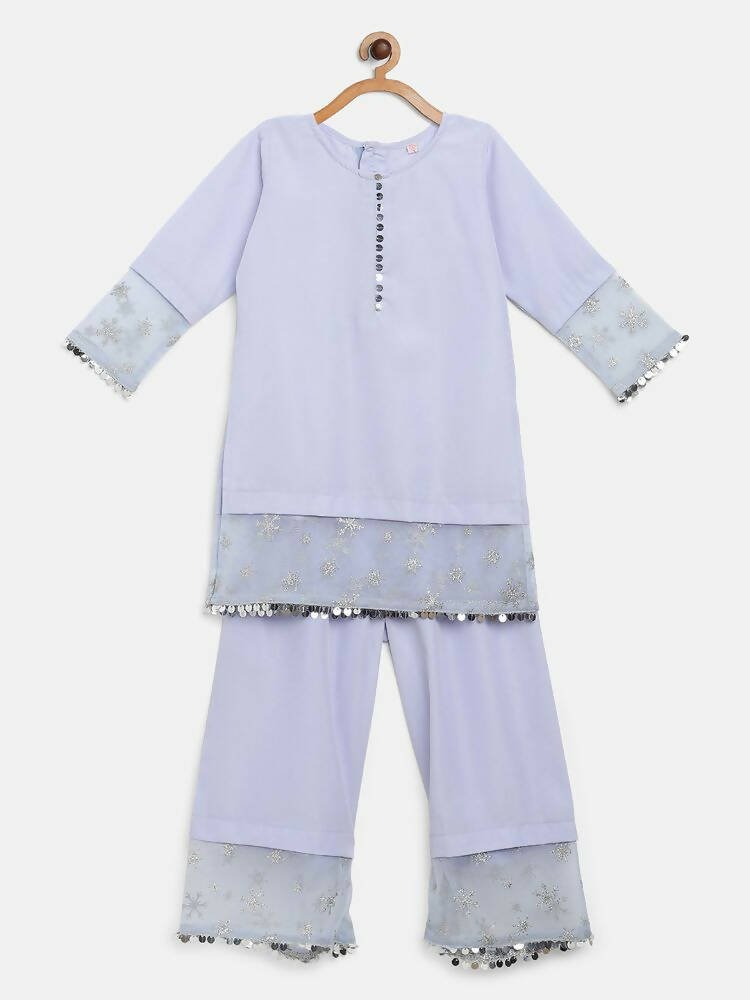 Ahalyaa Blue Crepe Silver Glitter Print Kids Kurta Palazzo Set With Dupatta For Girls | Grocsy