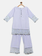 Ahalyaa Blue Crepe Silver Glitter Print Kids Kurta Palazzo Set With Dupatta For Girls | Grocsy