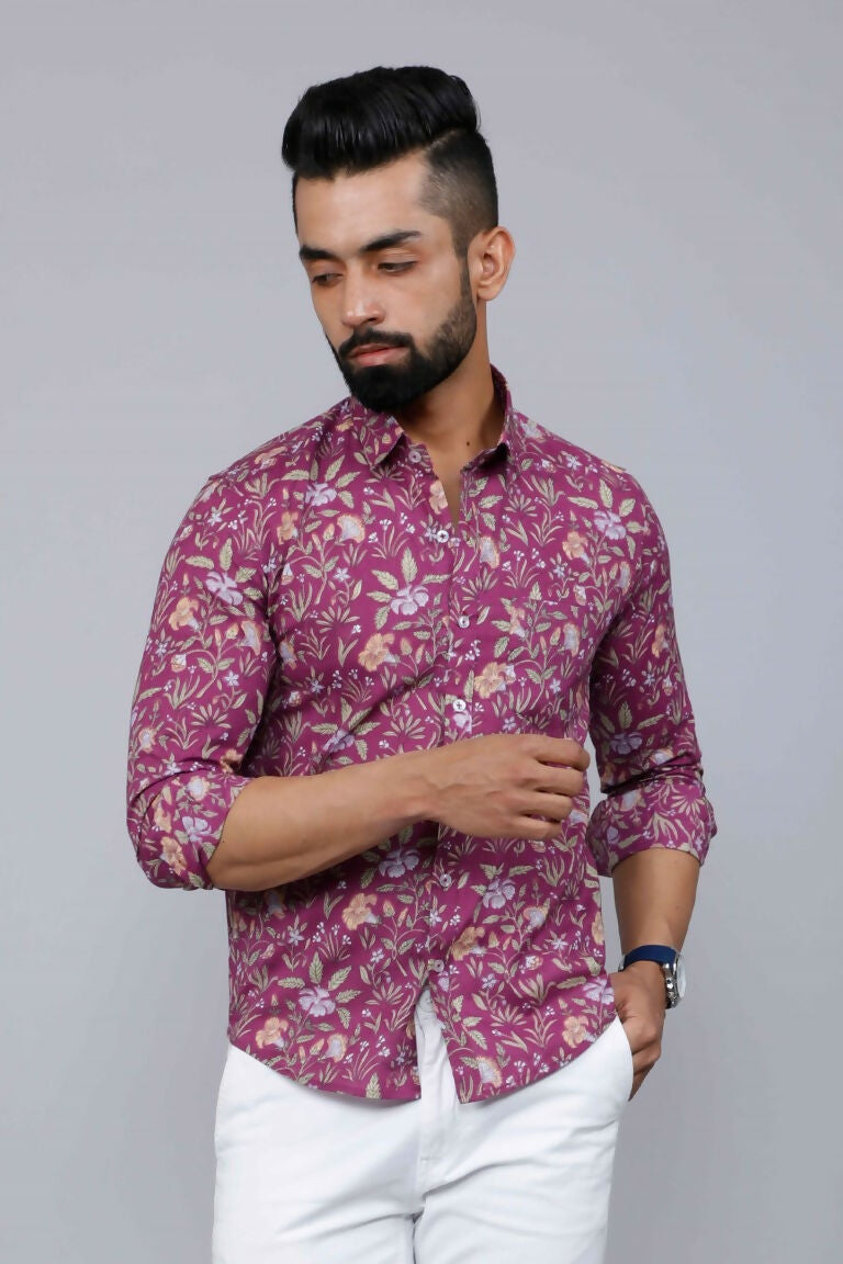 Miravan Men's Purple Comfort Foral Printed Casual Cotton Shirt | Grocsy