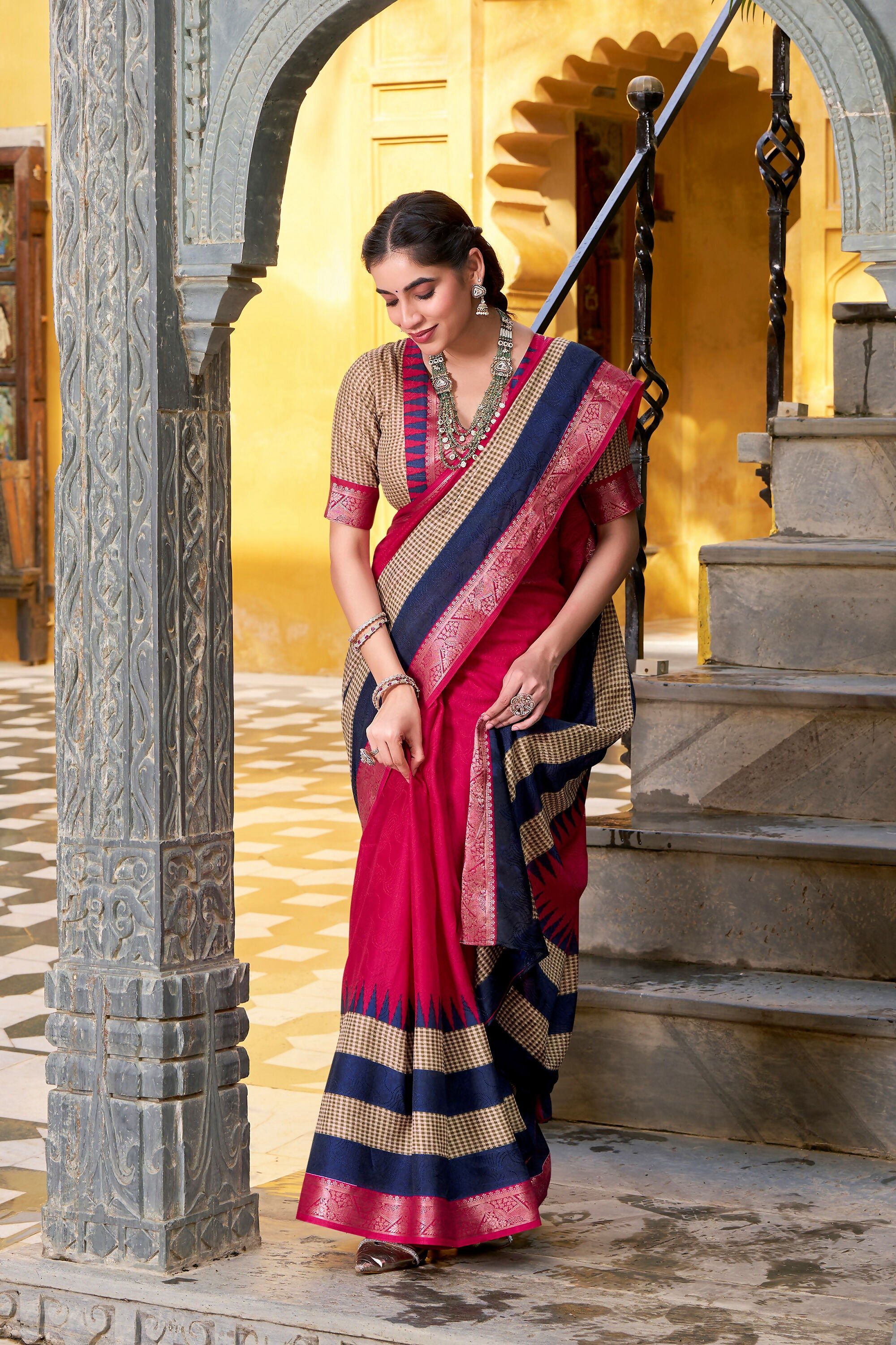 Vastranavya Pink Printed with Zari Weaving Work Poly Cotton Saree & Unstitched Blouse | Grocsy