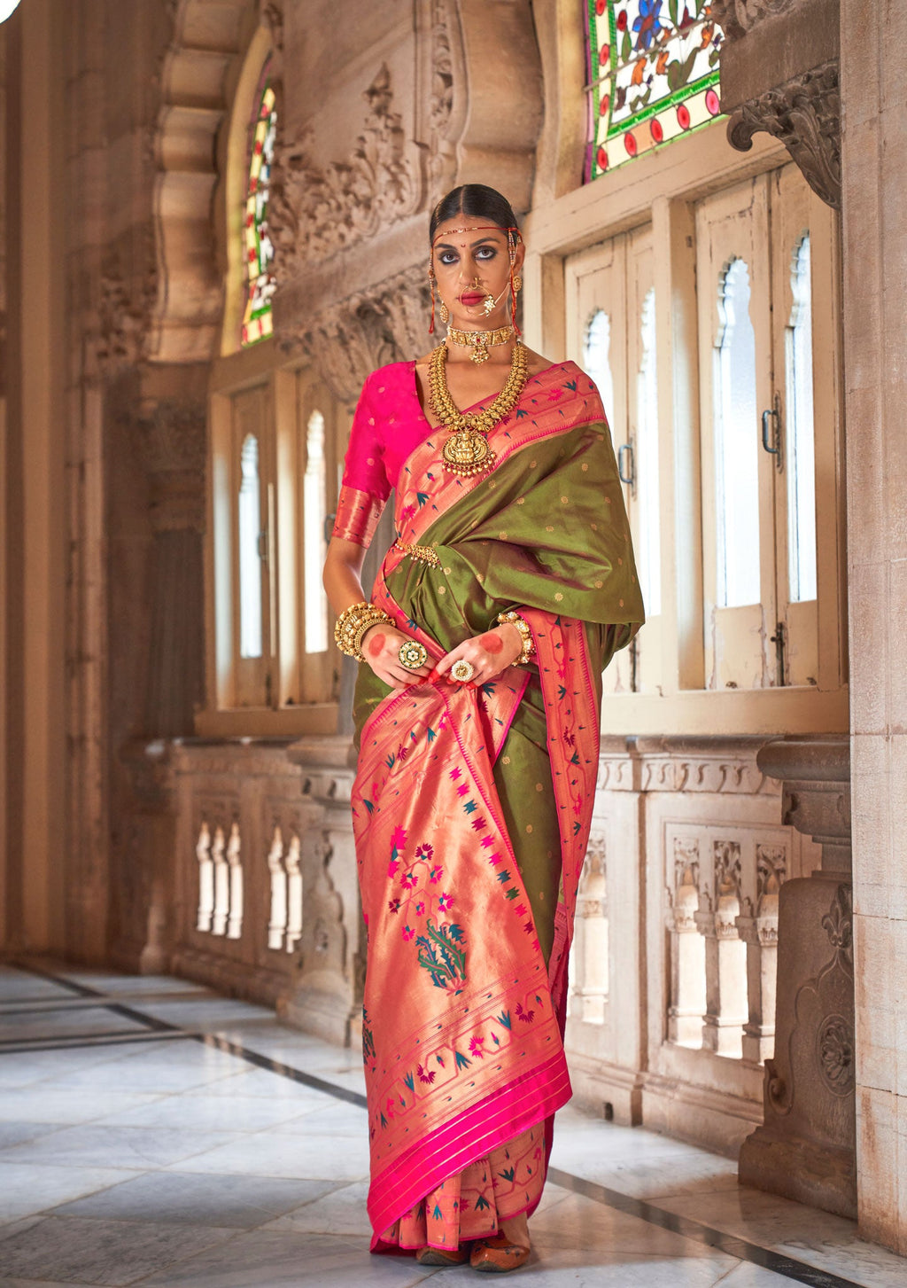 Peridot Green Soft V.P. Silk Magnum Finish, Weaving, Golden Zari Paithani Silk Saree - Rath Kadampalli | Grocsy