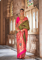 Peridot Green Soft V.P. Silk Magnum Finish, Weaving, Golden Zari Paithani Silk Saree - Rath Kadampalli | Grocsy