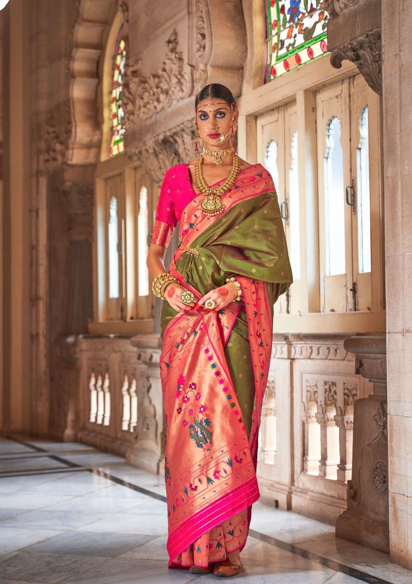 Peridot Green Soft V.P. Silk Magnum Finish, Weaving, Golden Zari Paithani Silk Saree - Rath Kadampalli | Grocsy