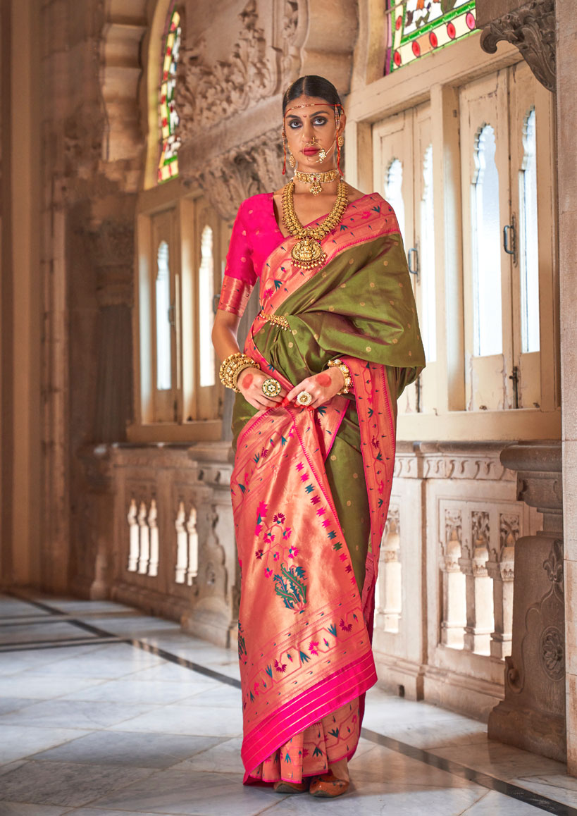 Peridot Green Soft V.P. Silk Magnum Finish, Weaving, Golden Zari Paithani Silk Saree - Rath Kadampalli | Grocsy