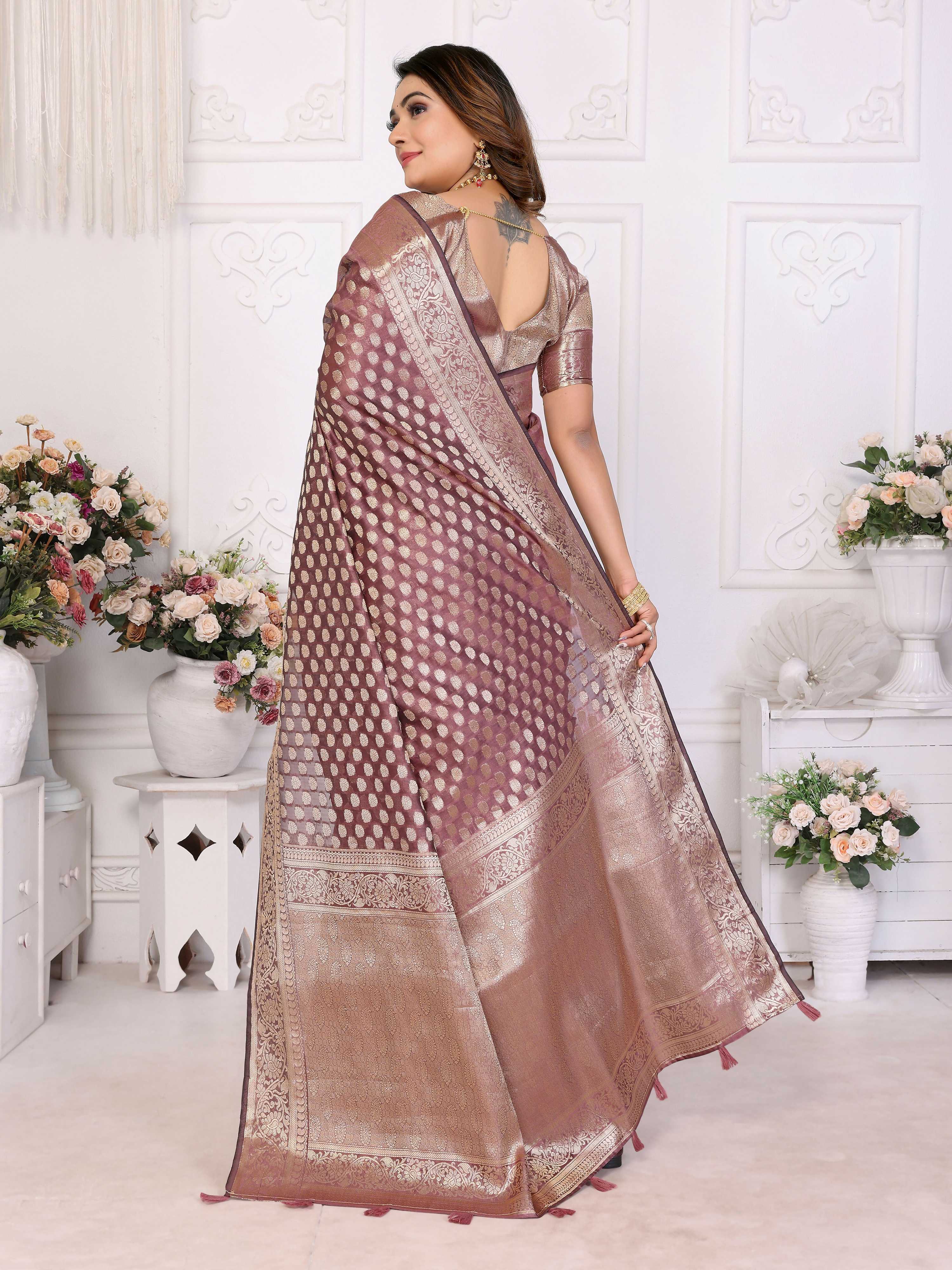 Aastha Fashion Dusty Rose Organza Silk Weaving Saree | Grocsy