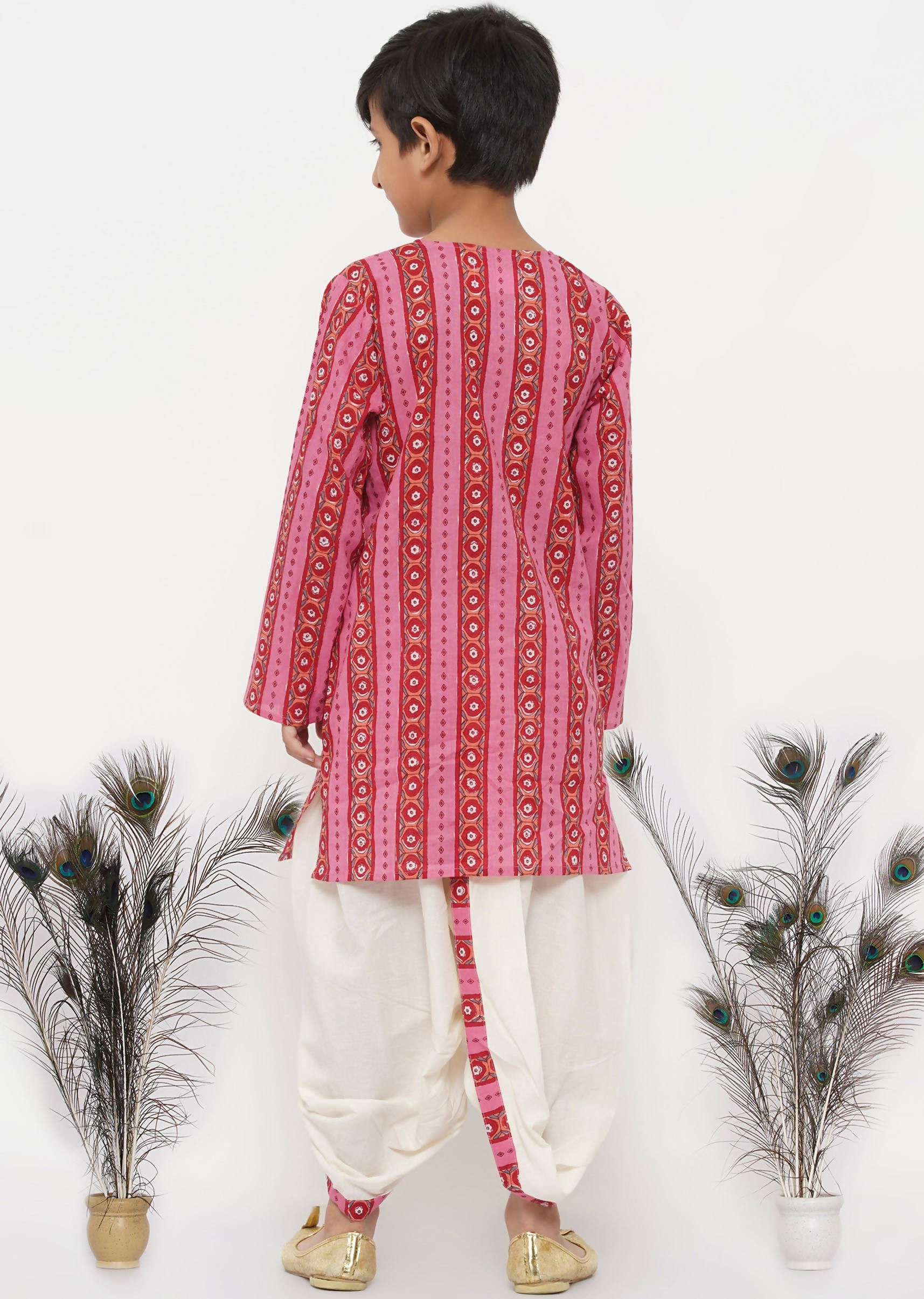 Little Bansi Boys Cotton Striped Kurta with Pearl Buttons & Dhoti -Pink & Cream | Grocsy