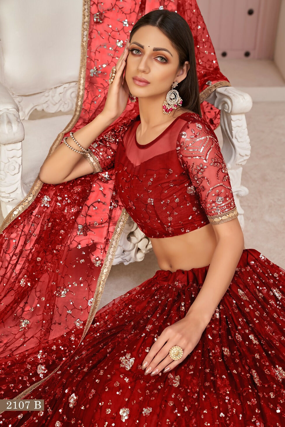 Eilara Women'S Red Butterfly Net Thread With Zari Sandwich Sequence Embroidered Work Lehenga Choli For Wedding | Grocsy