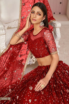 Eilara Women'S Red Butterfly Net Thread With Zari Sandwich Sequence Embroidered Work Lehenga Choli For Wedding | Grocsy