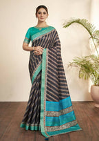 Navy Blue Bhagalpuri Silk Stripe printed with Stone Work & Hand Work Saree - Norita Nirvi | Grocsy