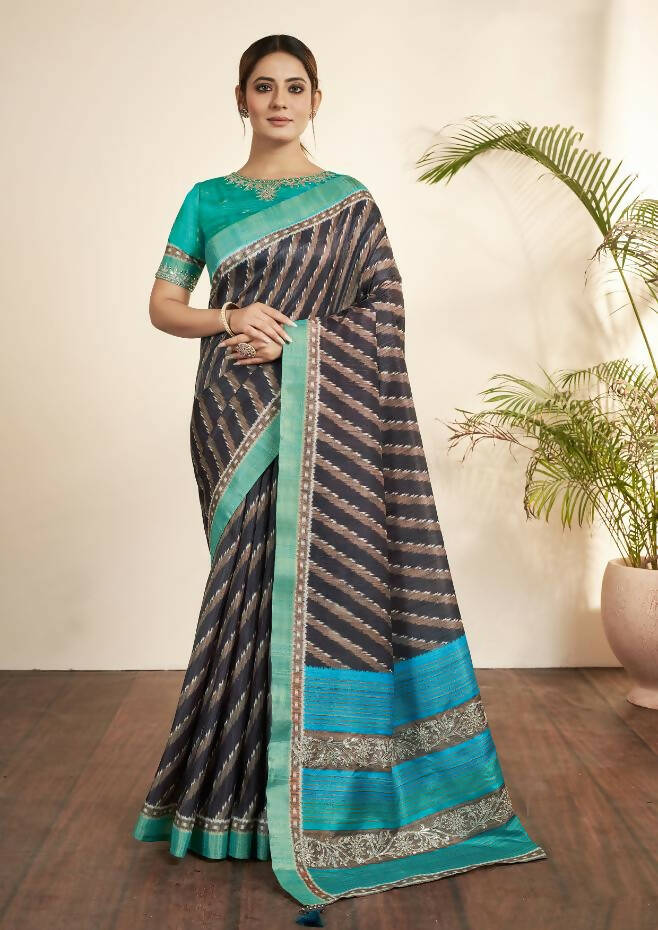 Navy Blue Bhagalpuri Silk Stripe printed with Stone Work & Hand Work Saree - Norita Nirvi | Grocsy