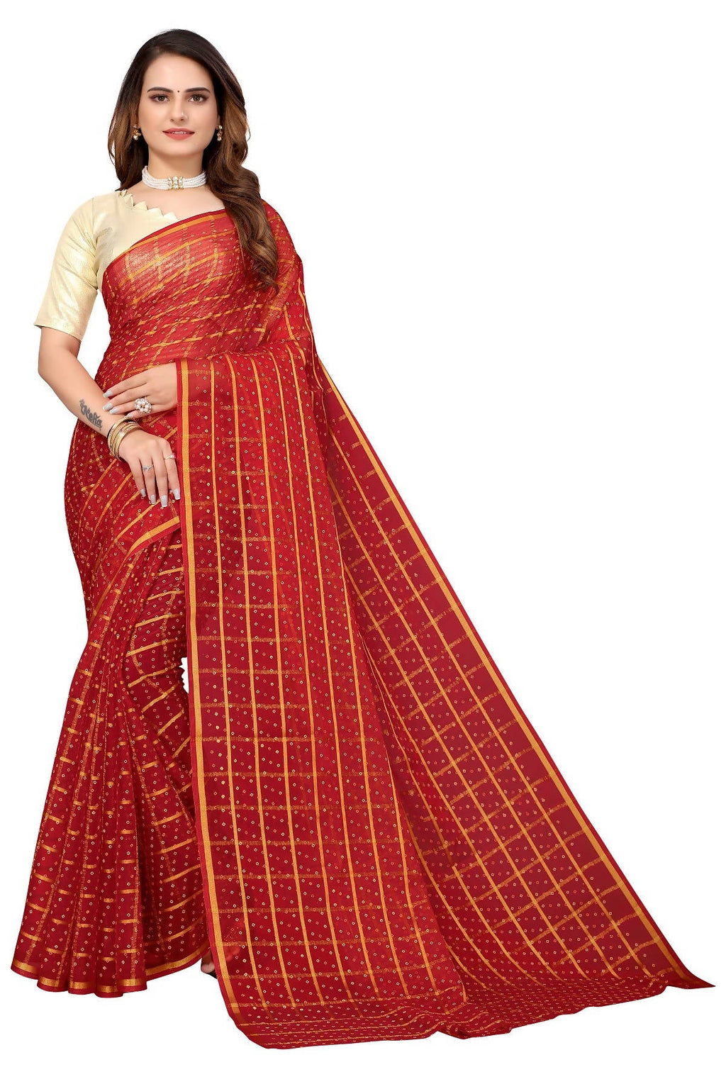 Vamika Ethnic Fire Red Jari Work Chiffon Saree | Grocsy
