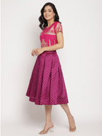 Ahalyaa Women's Pink Poly Silk Gold Foil Print Top With Skirt | Grocsy