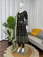 Vastranavya Mehendi Viscose Velvet Thread Sequence Work Top-Bottom With Dupatta | Grocsy