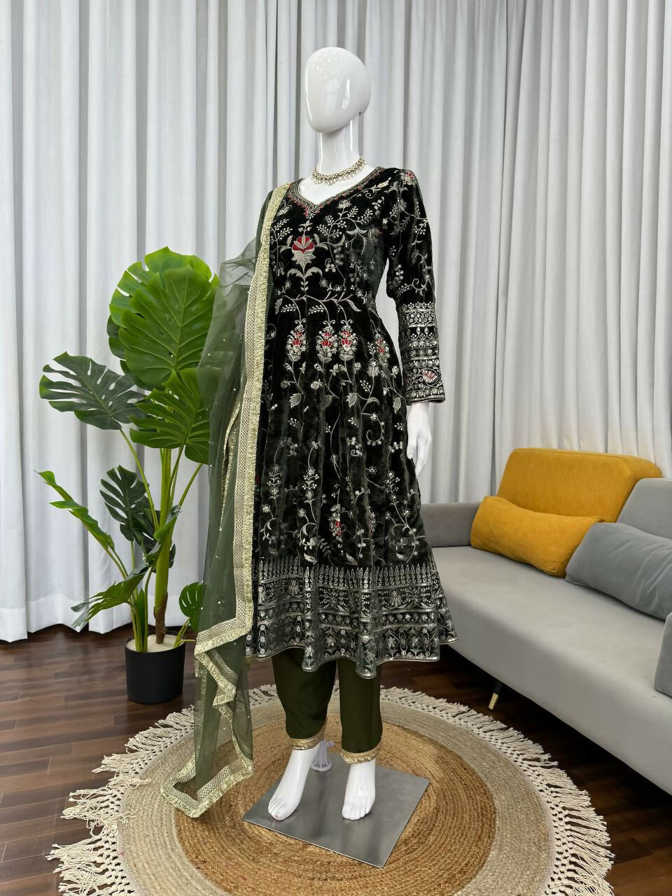 Vastranavya Mehendi Viscose Velvet Thread Sequence Work Top-Bottom With Dupatta | Grocsy